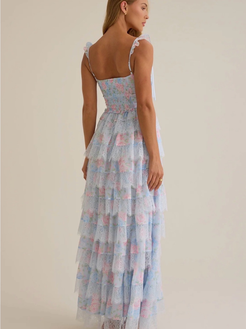 Altar'd State Pastel Blue & Pink Lace Tiered Maxi Dress - Picture 4 of 7